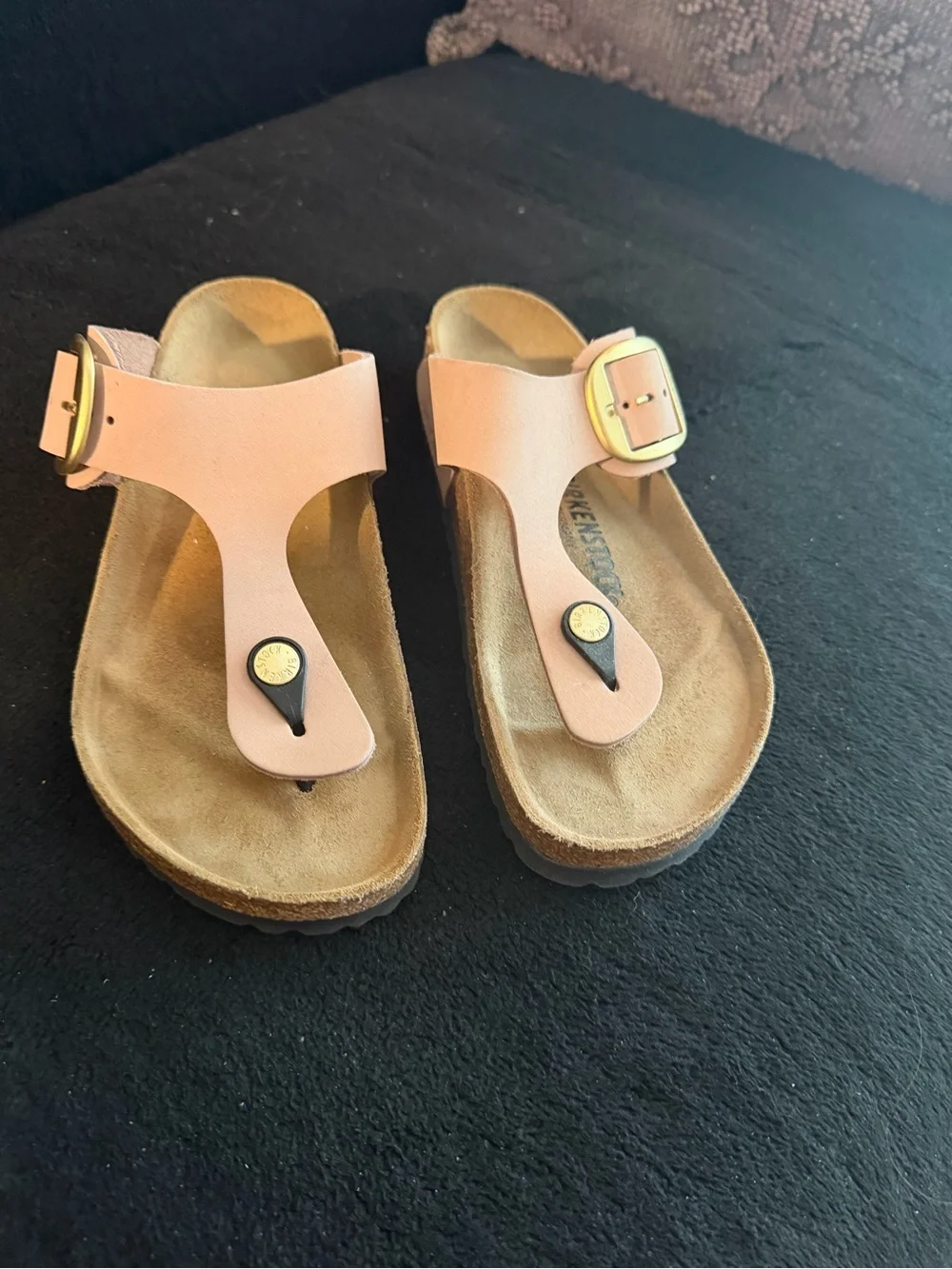 Birkenstock Pink Leather Thong Sandals with Gold Buckles